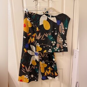 Vintage Floral Patterned Two-Piece Top and Wide Leg Pant Set